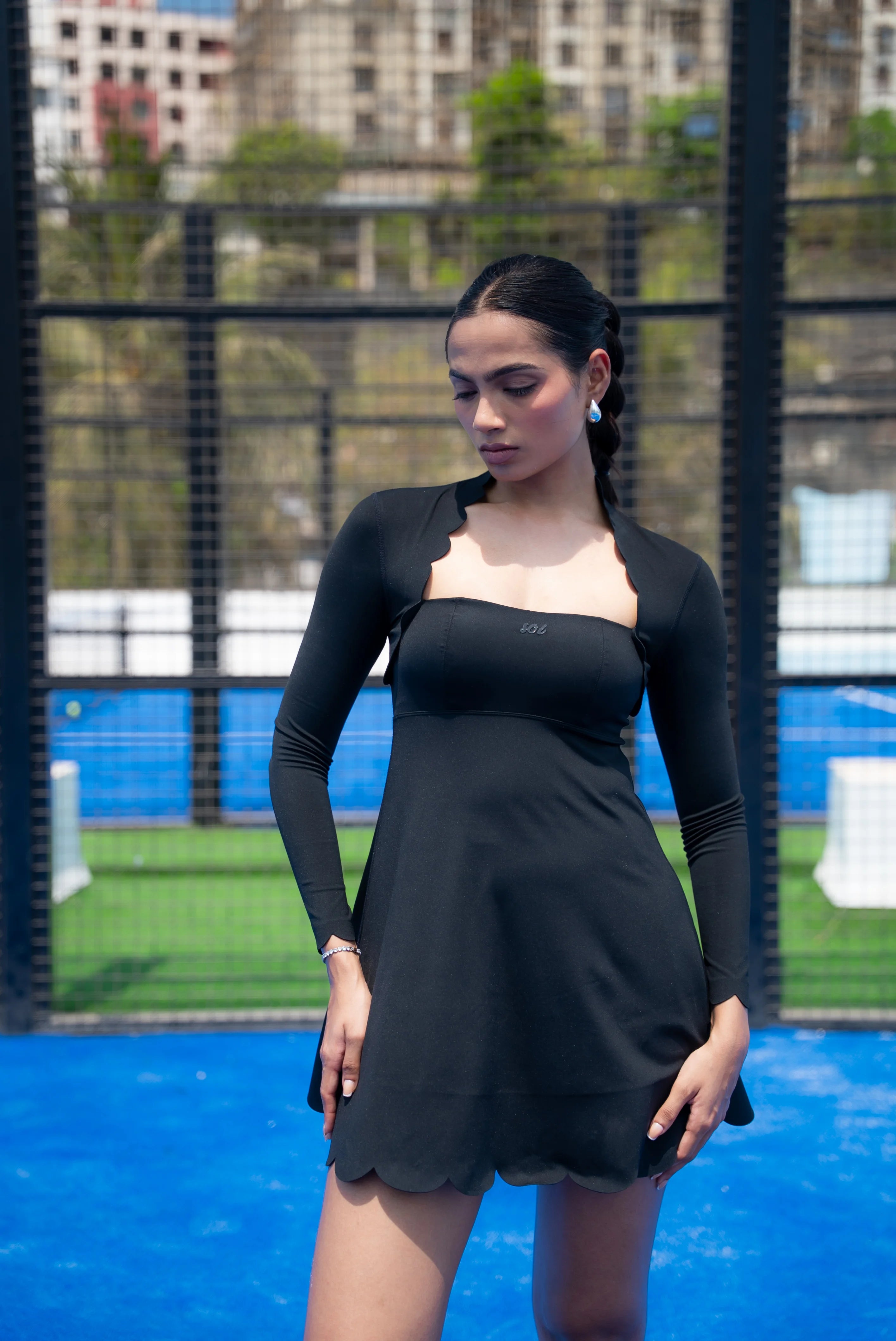 Long sleeve black tennis dress for women with scallop detailing by Soi